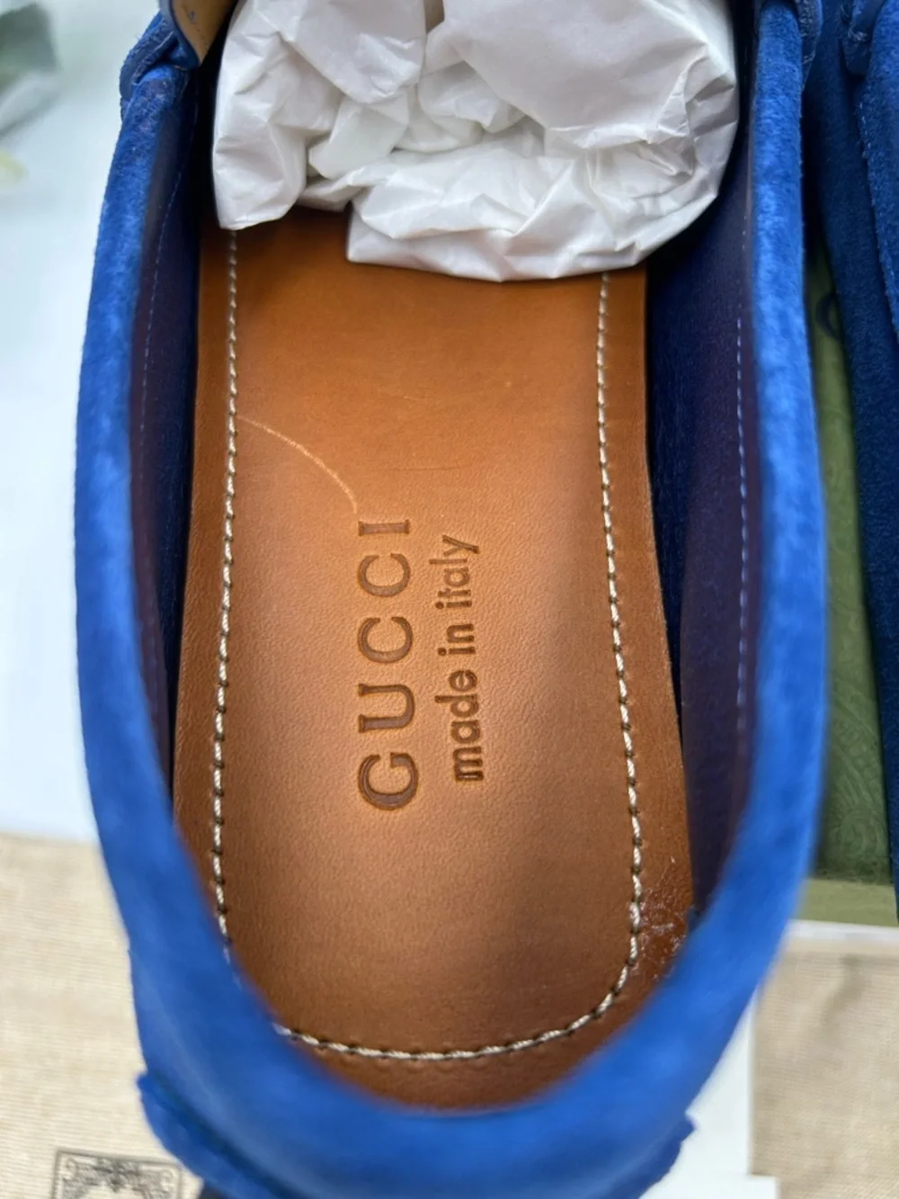 Men's Gucci horse bit Driver loafers in royal blue size 8 fits 8.5 US made Italy